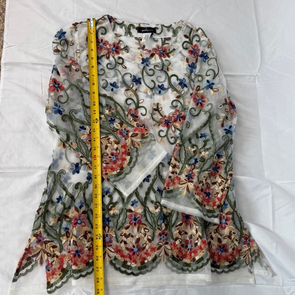 Yushi Floral Embroidered Sheer Mesh Tunic Top White Red Green Colorful Boho M - Picture 5 of 8